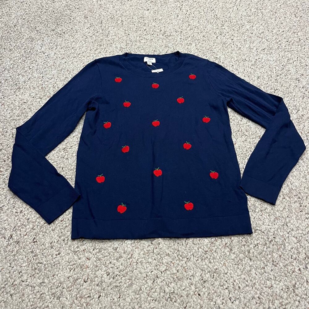 NEW J Crew Apples Teddie Sweater M Preppy Navy Blue Classic Teacher Casual